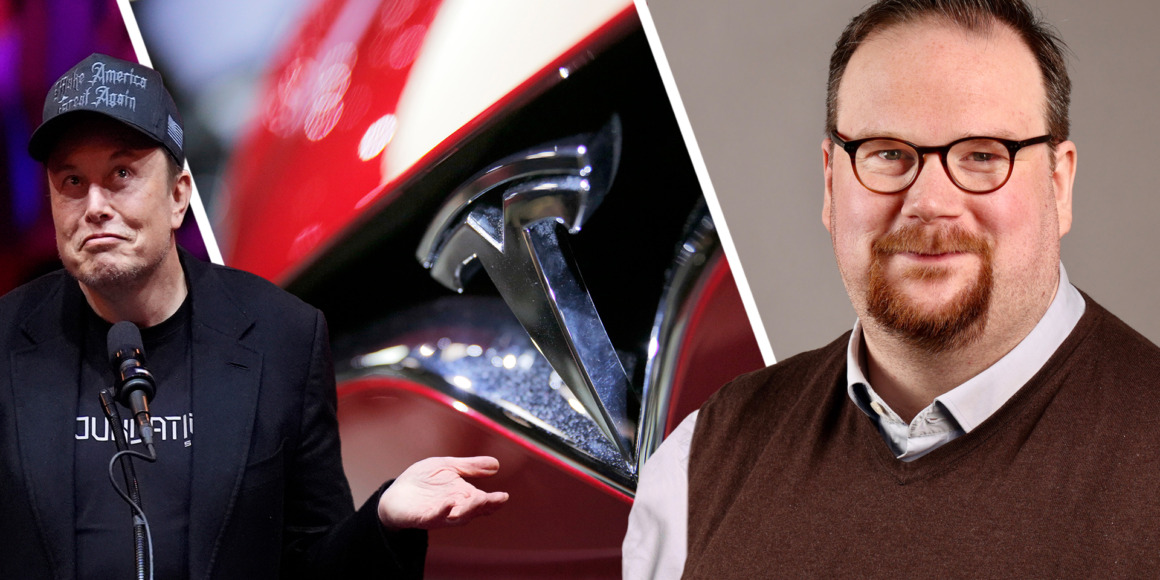 En delad bild med Elon Musk, en närbild av en Tesla-logga på en röd bil och Simon Petersson, IF Metall.