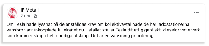 Ett Facebook-inlägg från IF Metall med röd logotyp, där man uttrycker kritik mot Teslas beslut att använda en stor dieselgenerator istället för att ansluta laddstationerna i Vansbro till elnätet, med hänvisning till onödiga utsläpp.