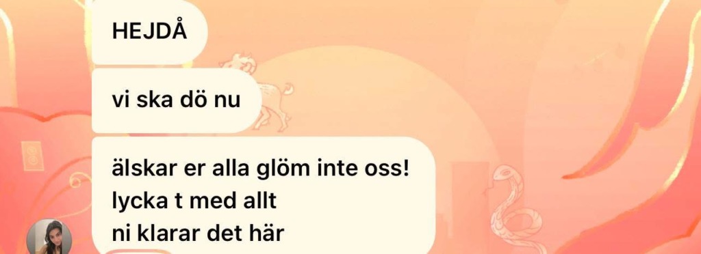 Skärmdump av ett svenskt chattmeddelande på en rosa-orange bakgrund med djurillustrationer. Meddelandena säger: "HEJDÅ vi ska dö nu älskar er alla glöm inte oss! lycka t med allt ni klarar det här.