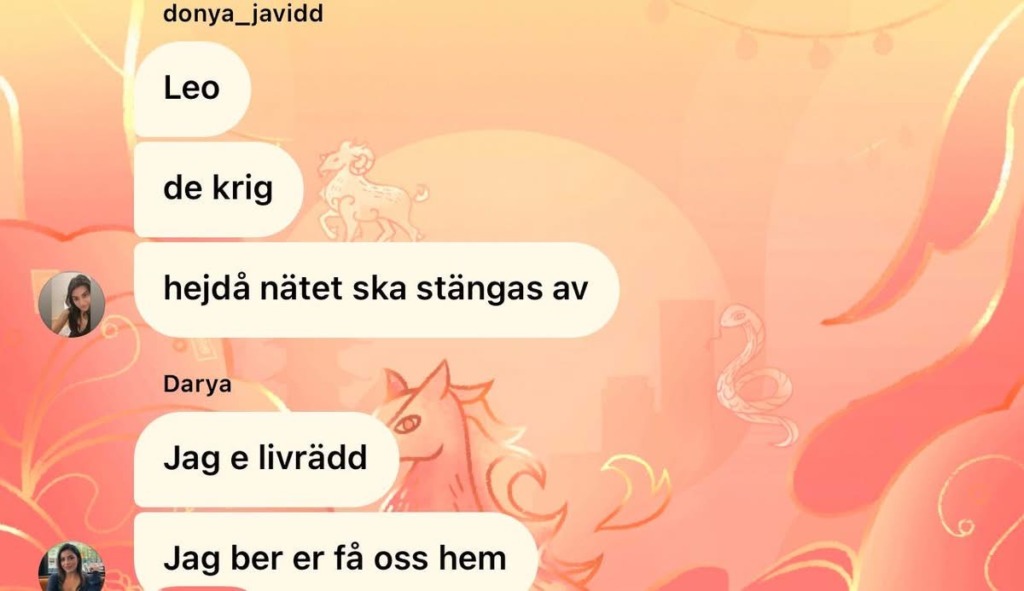 En svensk gruppchatt med textbubblor över en persikofärgad bakgrund med illustrationer av djur och moln. Användare delar meddelanden som uttrycker rädsla och nämner att internet eventuellt kommer att stängas av.