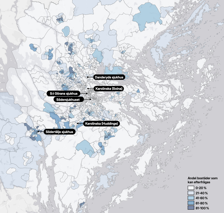 Karta över Stockholmsområdet som visar andelen bostäder som kan efterfrågas, per område. Viktiga sjukhus är markerade.