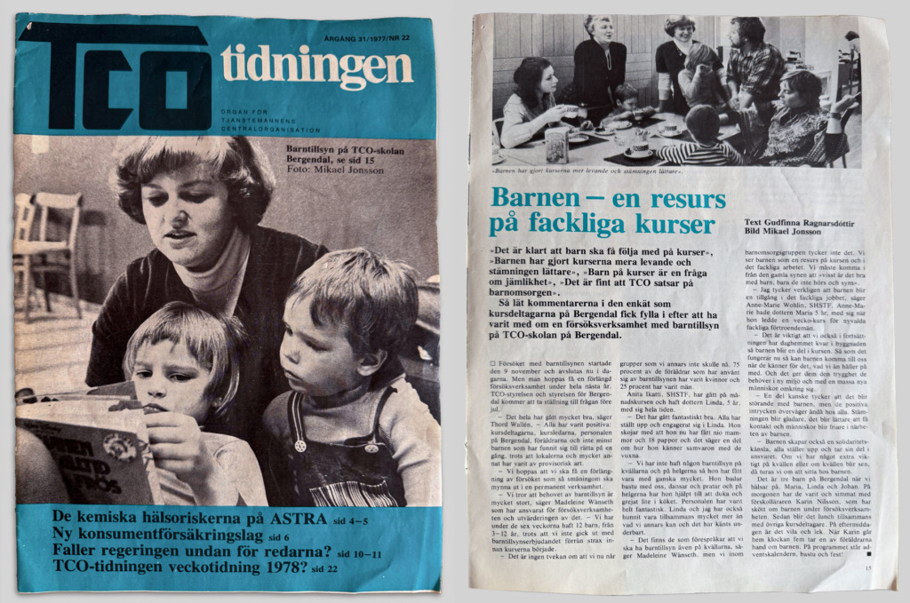 Ett tidningsuppslag på svenska. Den vänstra sidan är ett omslag med en bild på en kvinna och två barn som läser. På högersidan, som har rubriken "Barnen - en resurs på fackliga kurser", finns Linda tillbaka på Bergendal, text och svartvita foton.