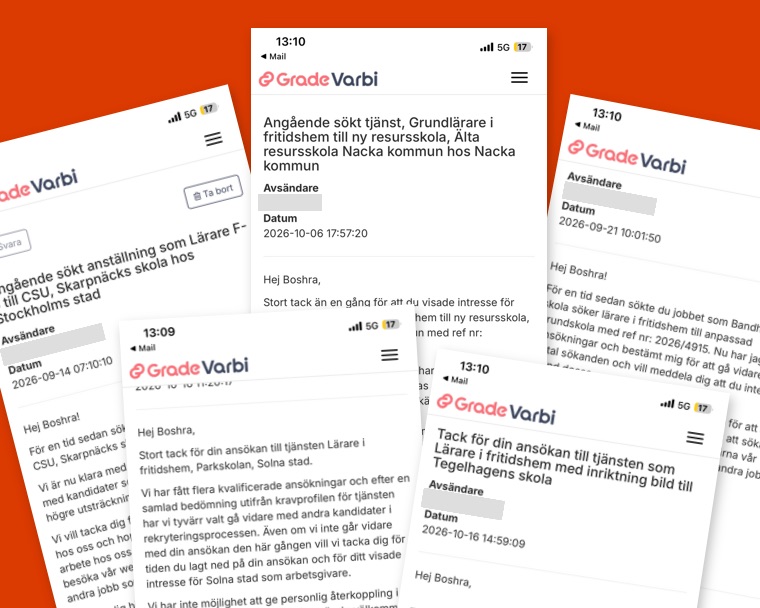 Ett collage av mobiltelefonskärmar som visar flera e-postmeddelanden från GradeVarbi om statusen på jobbansökningar.